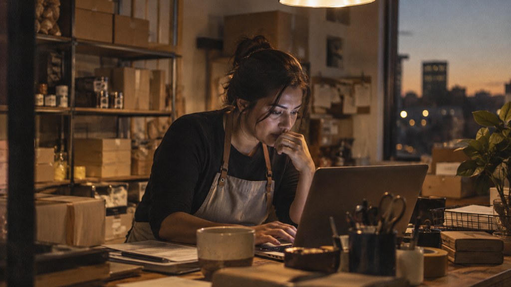 A small-business owner in an apron leaning over a laptop on a cluttered back-office desk late in the day, photographed in Plano