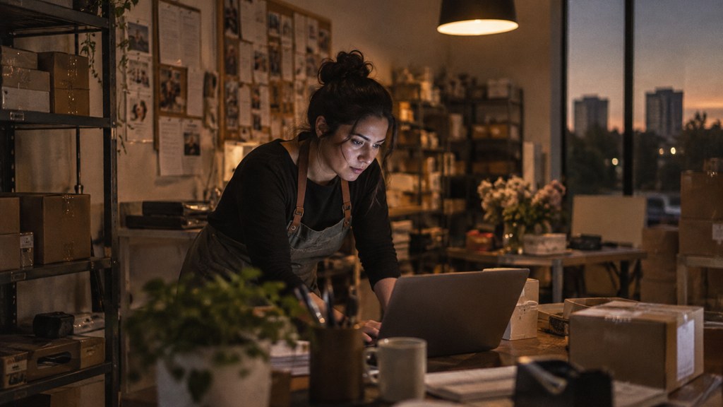 A small-business owner in an apron leaning over a laptop on a cluttered back-office desk late in the day, photographed in Plano