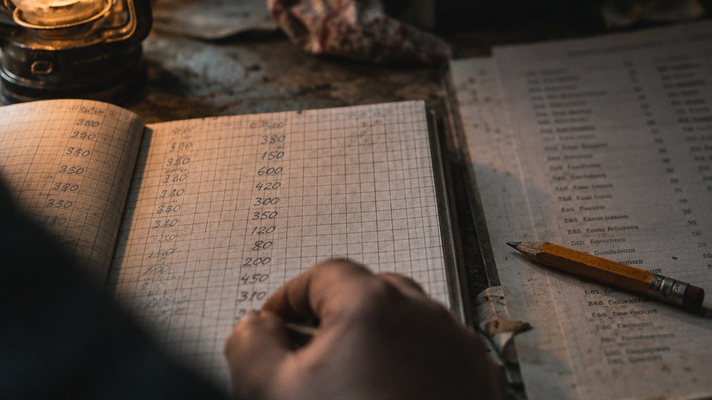 Handwritten price book page on graph paper beside a printed membership list and a pencil