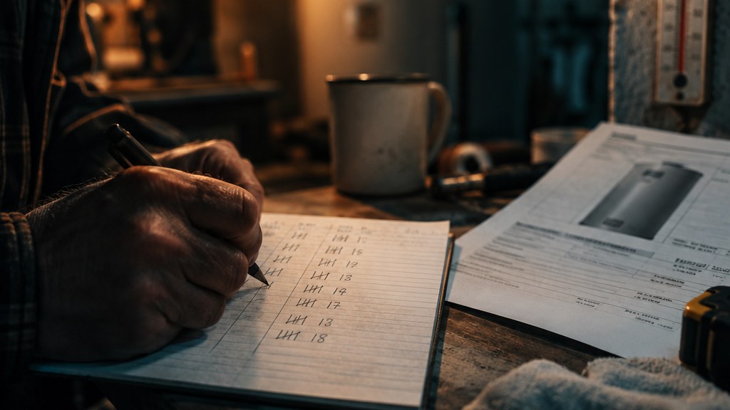 Handwritten maintenance agreement tally on lined paper next to a printed replacement quote