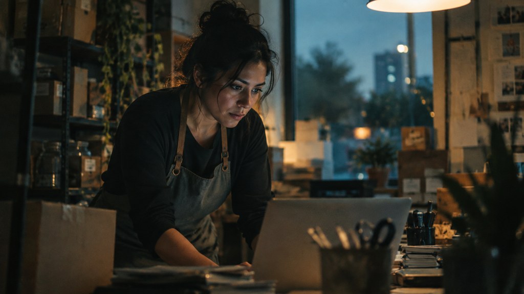A small-business owner in an apron leaning over a laptop on a cluttered back-office desk late in the day, photographed in Plano