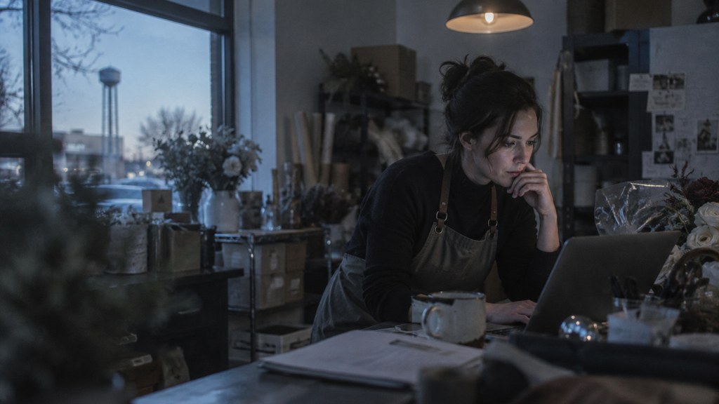 A small-business owner in an apron leaning over a laptop on a cluttered back-office desk late in the day, photographed in Plano