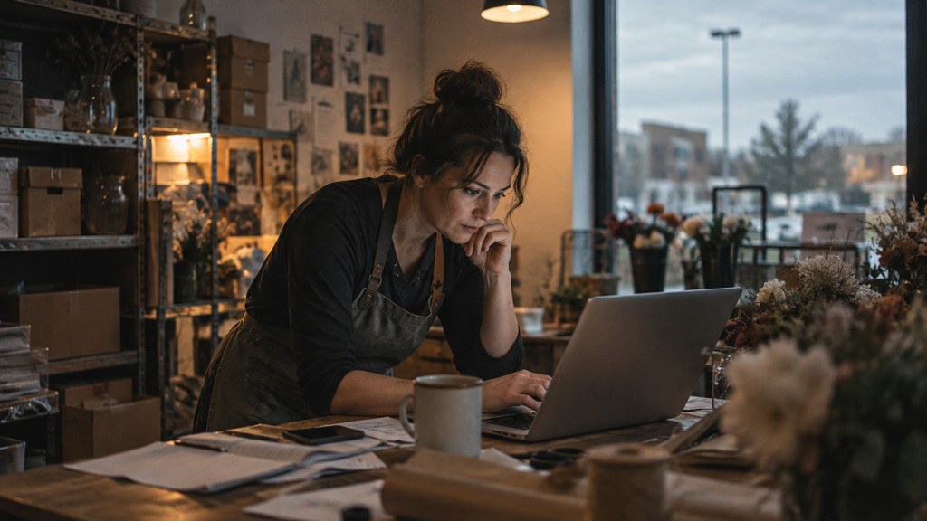A small-business owner in an apron leaning over a laptop on a cluttered back-office desk late in the day, photographed in Plano