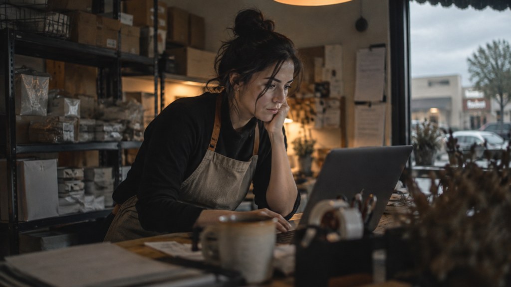 A small-business owner in an apron leaning over a laptop on a cluttered back-office desk late in the day, photographed in Plano