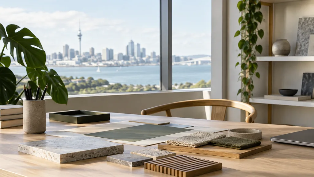 An Auckland branding studio desk with brand boards on pale timber in soft coastal daylight