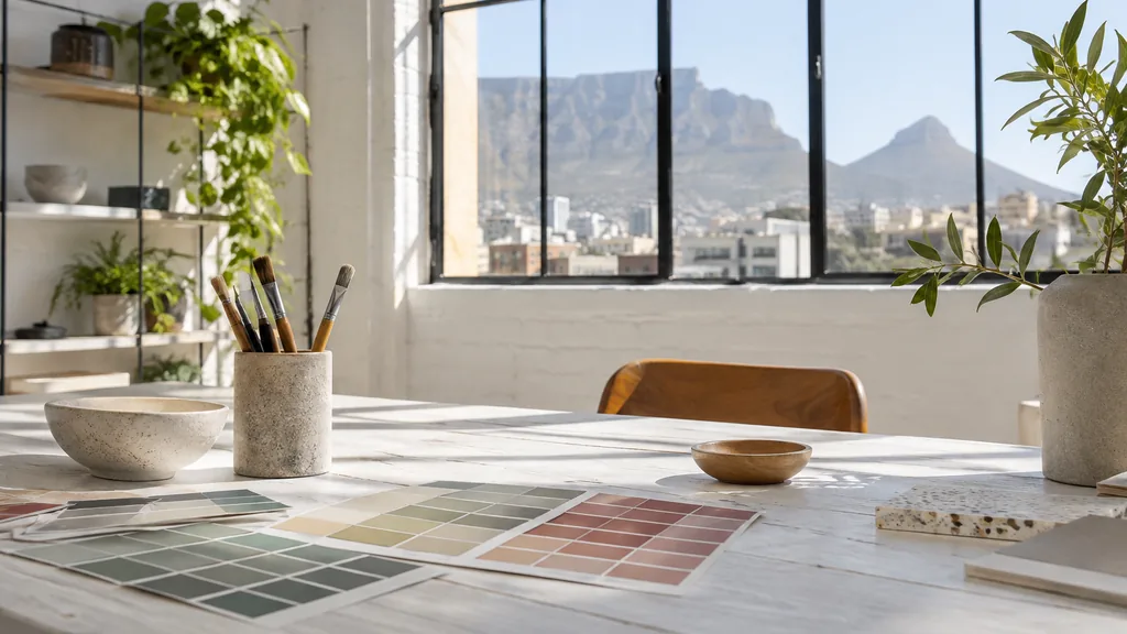 A Cape Town studio desk with colour chips on a whitewashed surface in bright southern light
