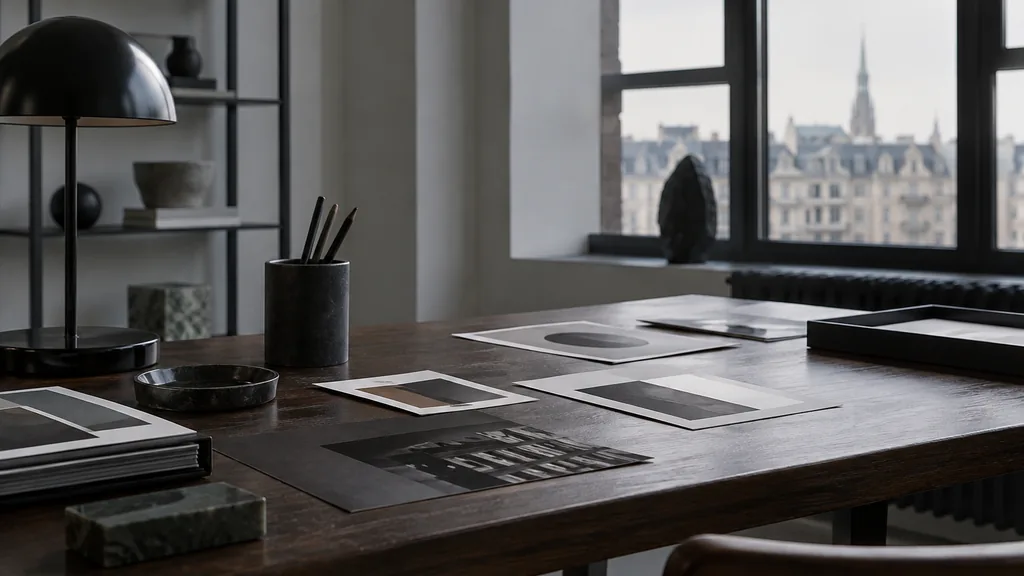 A Brussels studio desk with identity prints on dark oak in cool grey daylight