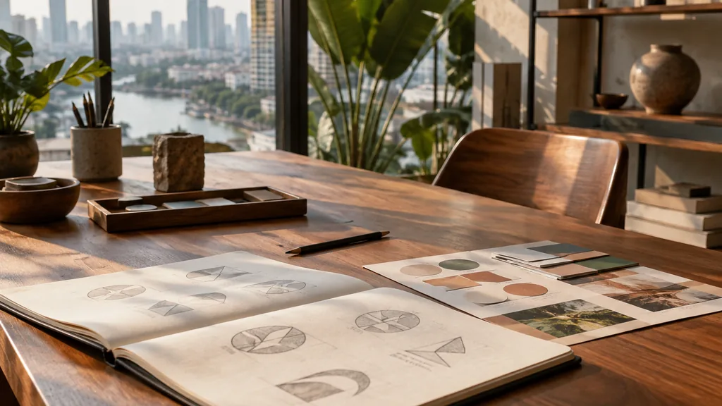 A Bangkok studio desk with logo studies on teak in warm tropical light