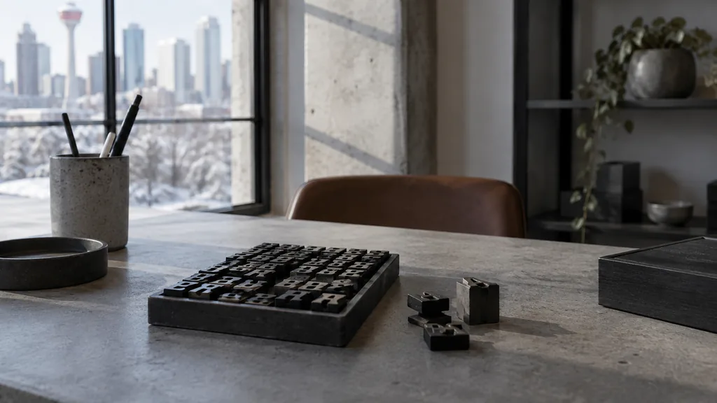 A Calgary studio desk with printed type specimens on concrete in crisp winter light