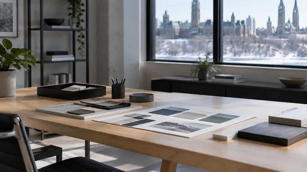 An Ottawa studio desk with brand guideline boards on maple in pale northern light