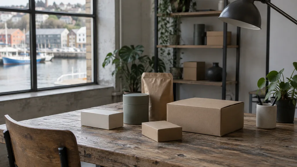 A Bristol harbourside studio desk with packaging mock-ups on reclaimed timber in soft grey light