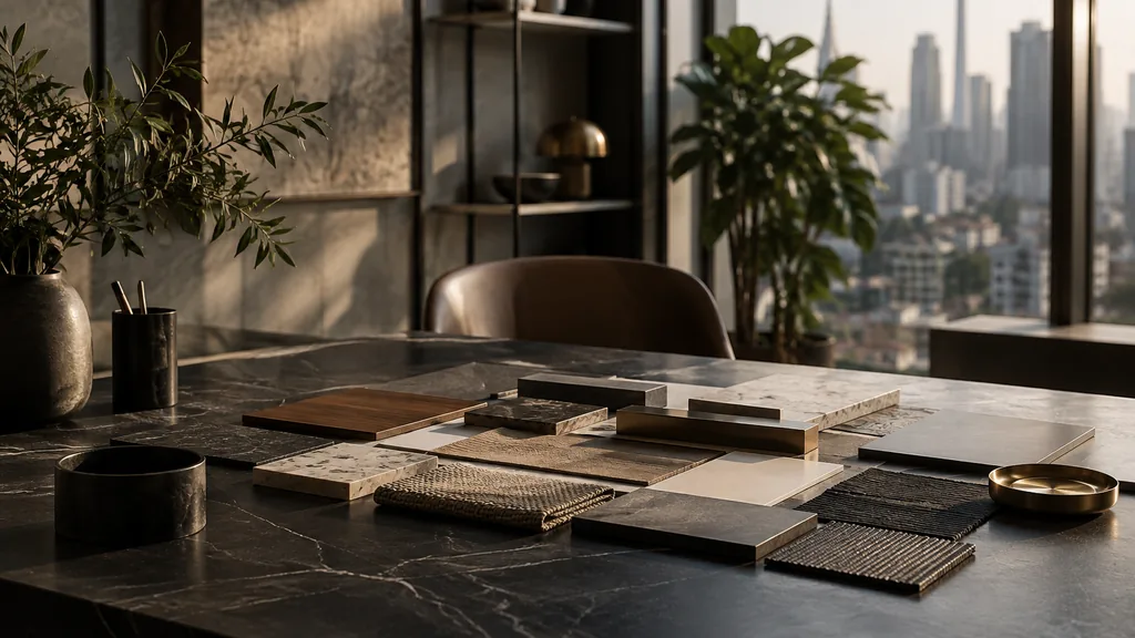 A Kuala Lumpur studio desk with identity boards on dark stone in warm diffused light