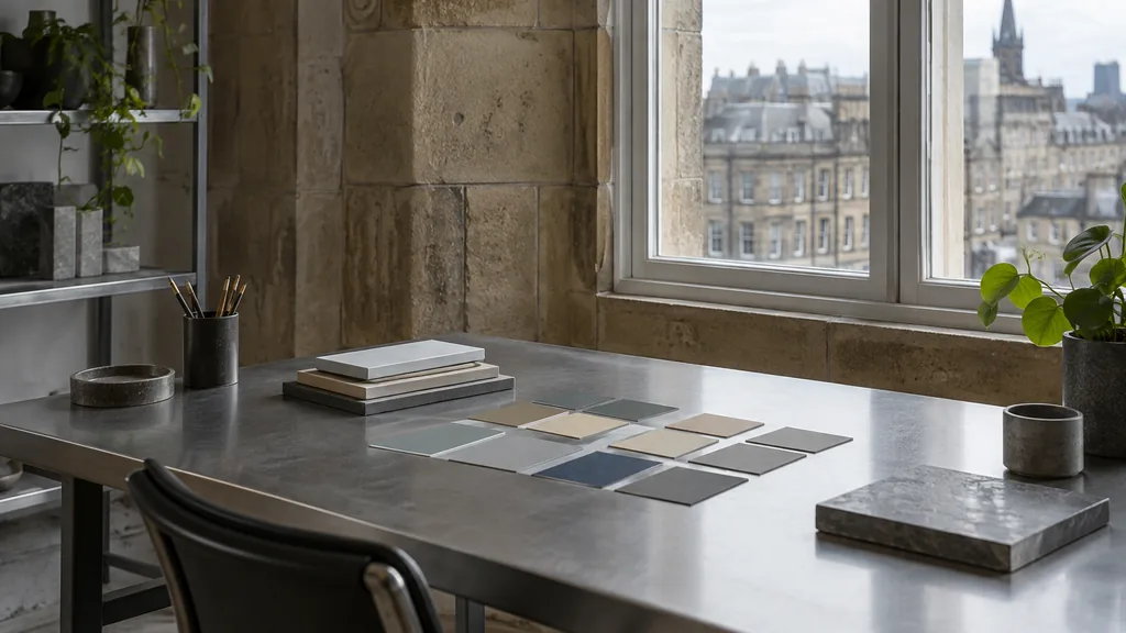 A Glasgow sandstone studio desk with colour swatch cards on steel in cool daylight
