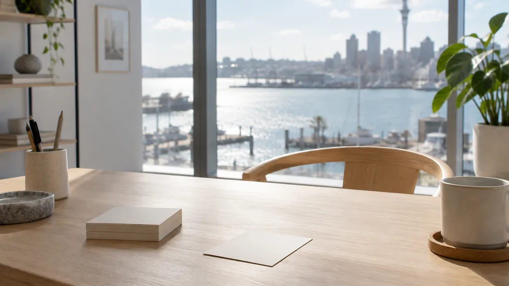 An Auckland content studio desk with editorial cards on pale oak in bright harbour light