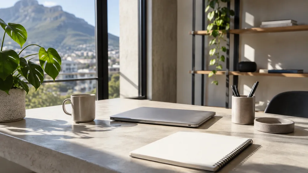 A Cape Town content studio desk with article outlines on concrete in strong southern daylight
