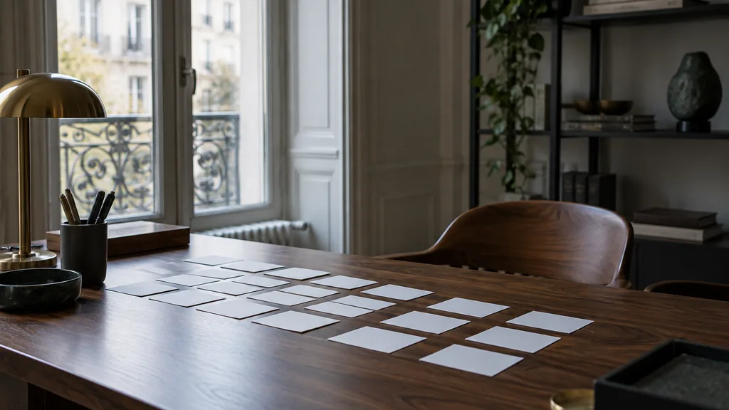A Brussels townhouse studio desk with index cards on dark walnut in cool north light