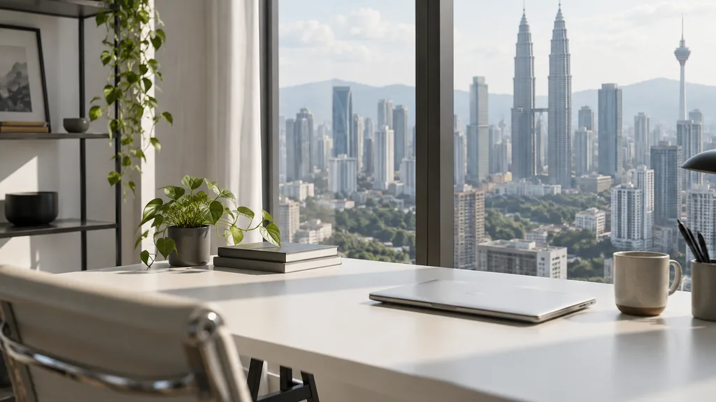 A Kuala Lumpur high-rise studio desk with content briefs on white in bright diffused light