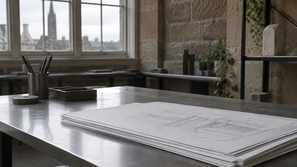 A Glasgow sandstone studio desk with printed outlines on steel in soft grey daylight