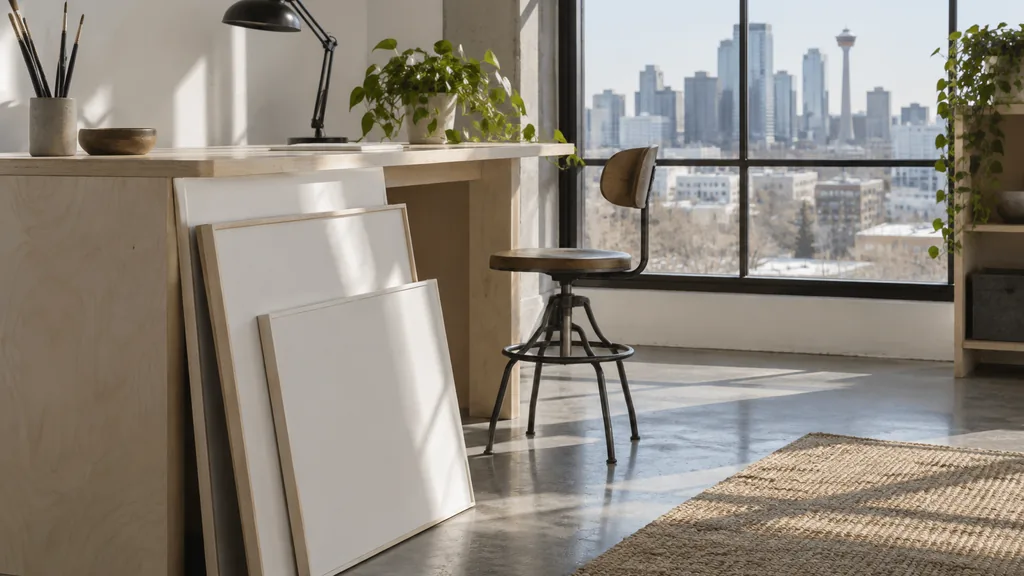 A Calgary content studio with story boards beside a pale wood desk in clear prairie light