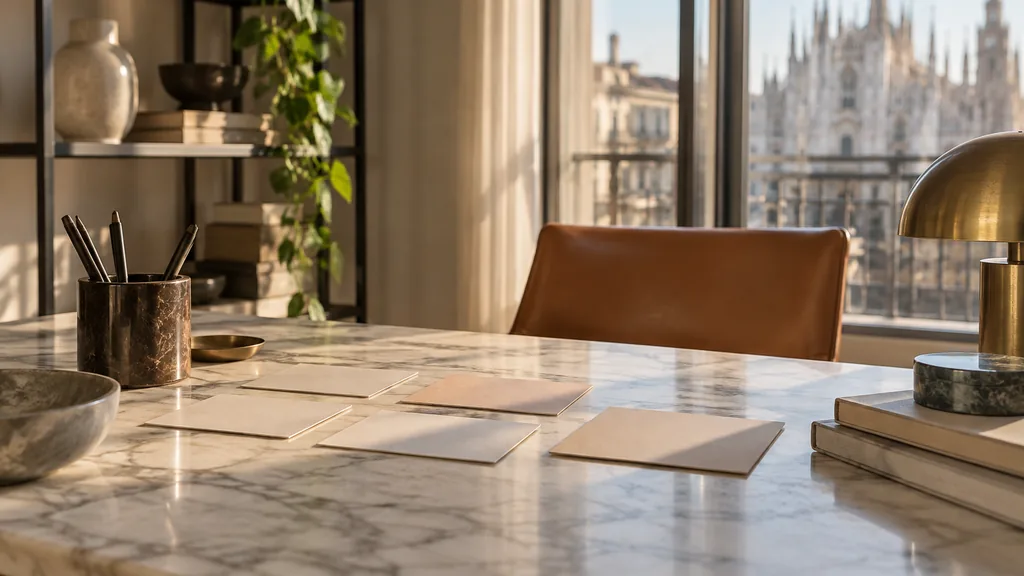 A Milan content studio with planning cards on a marble worktop in warm afternoon light