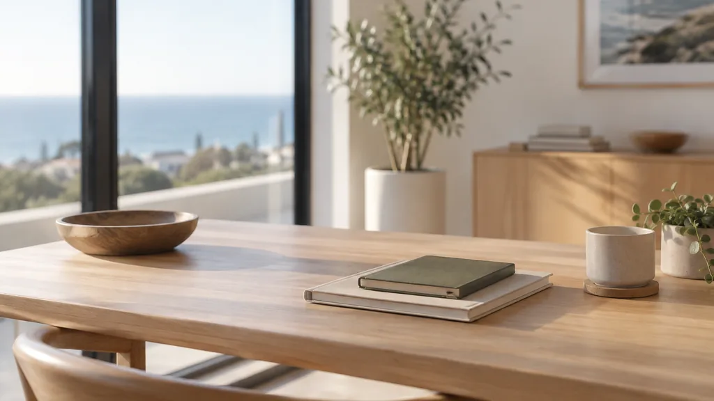 A Perth content studio desk with notebooks on light timber in bright coastal light