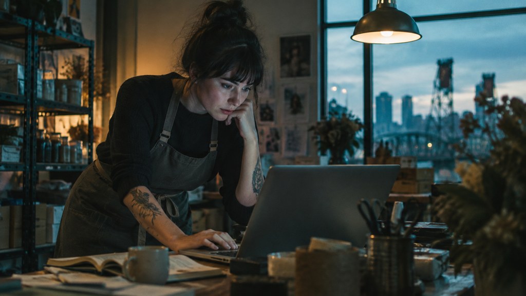 A small-business owner in an apron leaning over a laptop on a cluttered back-office desk late in the day, photographed in Portland
