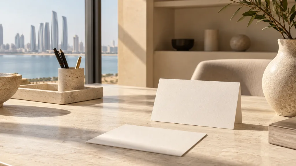 An Abu Dhabi content studio desk with editorial cards on pale stone in warm desert daylight