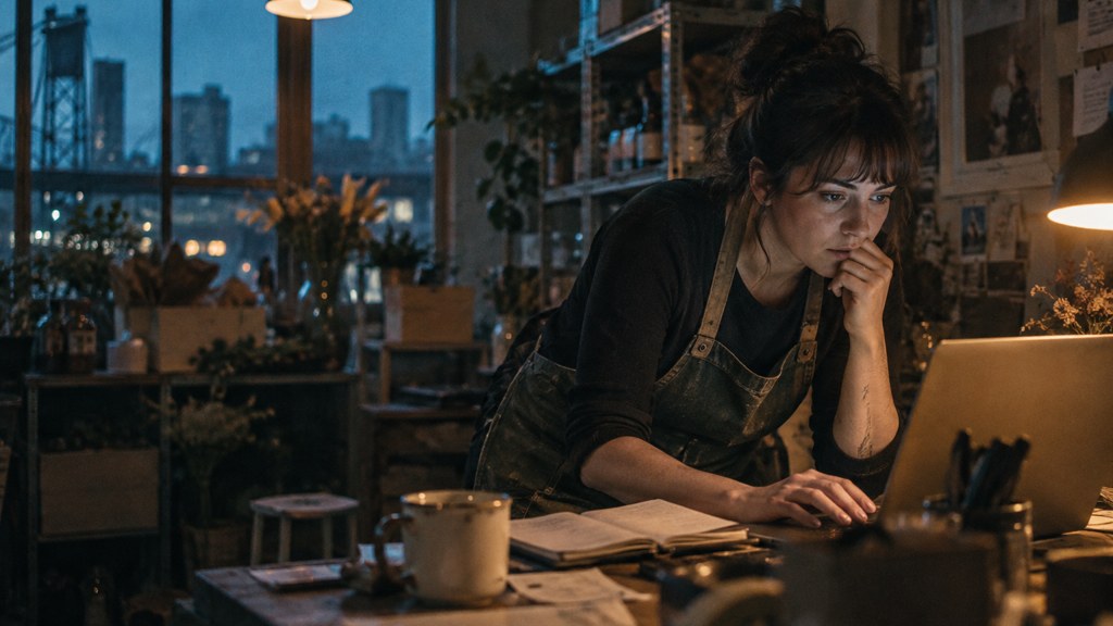 A small-business owner in an apron leaning over a laptop on a cluttered back-office desk late in the day, photographed in Portland