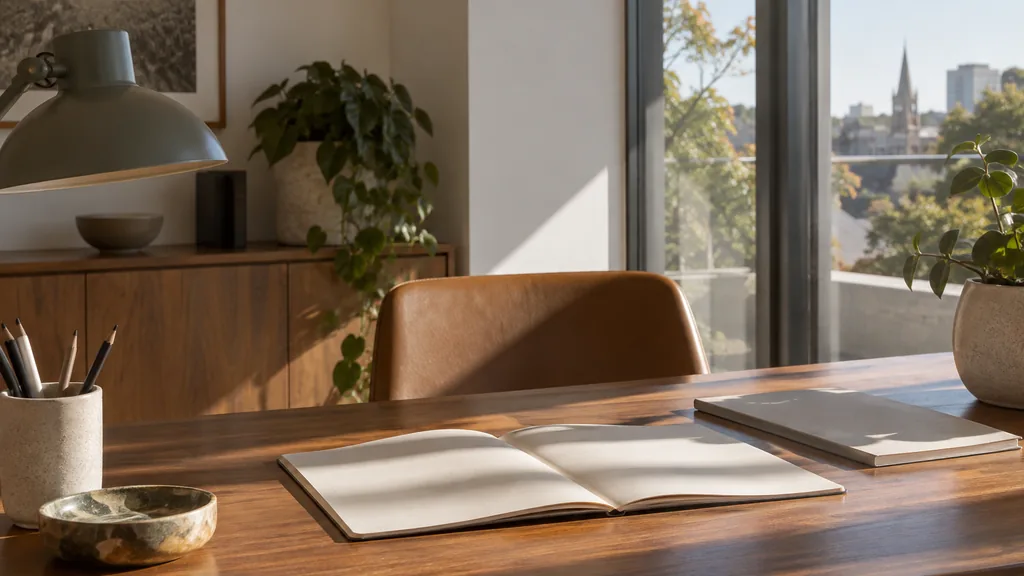 An Adelaide content studio desk with article outlines on spotted gum in clear southern light