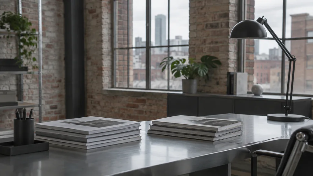 A Birmingham brick-loft studio desk with printed briefs on steel in soft grey daylight