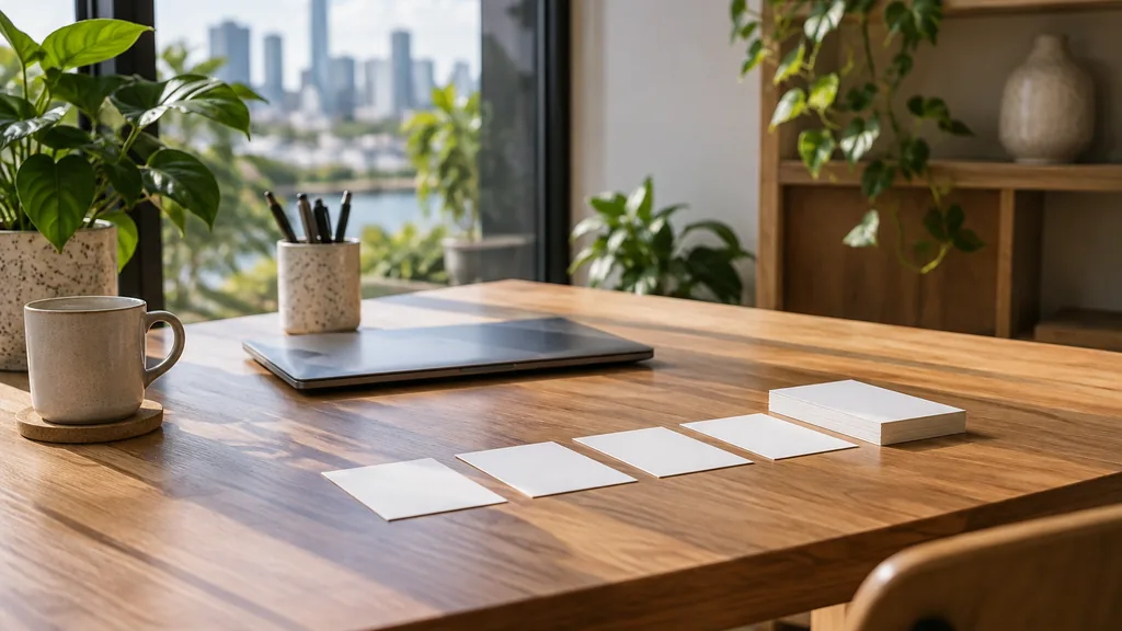 A Brisbane content studio desk with planning cards on blackbutt in bright subtropical light