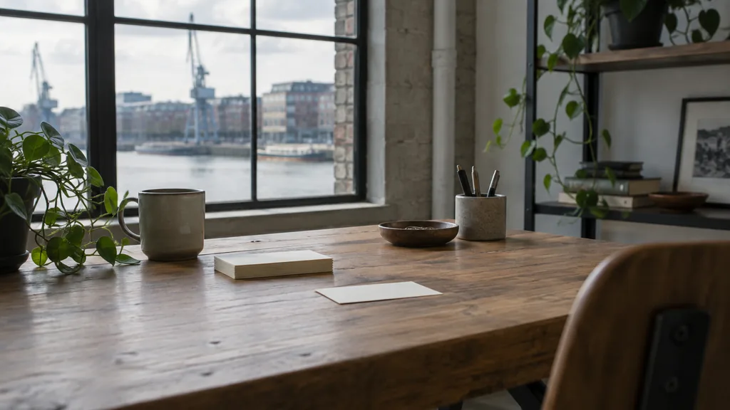 A Bristol harbourside studio desk with index cards on reclaimed oak in cool west light