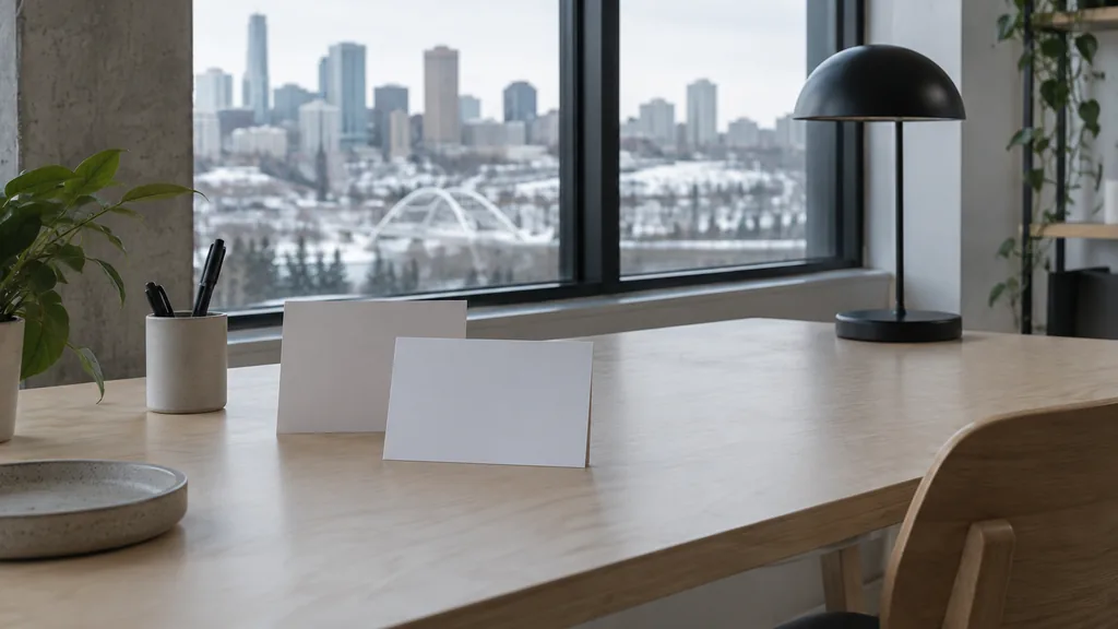 An Edmonton content studio desk with editorial cards on pale birch in cold northern light