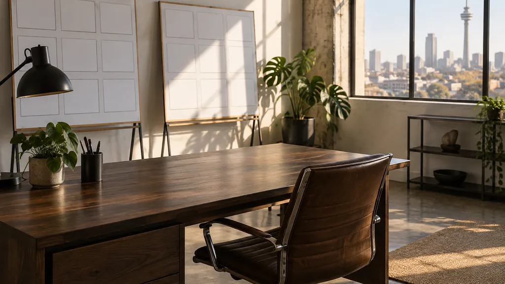 A Johannesburg content studio with story boards beside a dark walnut desk in high-veld sunlight