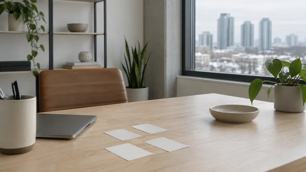 A Mississauga content studio desk with planning cards on light maple in flat winter daylight