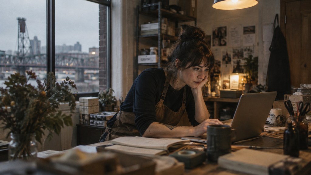 A small-business owner in an apron leaning over a laptop on a cluttered back-office desk late in the day, photographed in Portland