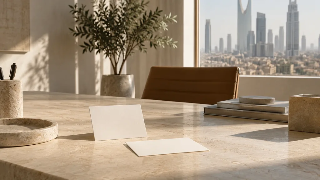 A Riyadh content studio desk with editorial cards on warm limestone in bright filtered daylight