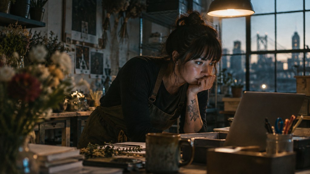 A small-business owner in an apron leaning over a laptop on a cluttered back-office desk late in the day, photographed in Portland