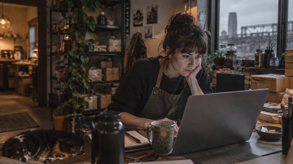 A small-business owner in an apron leaning over a laptop on a cluttered back-office desk late in the day, photographed in Portland