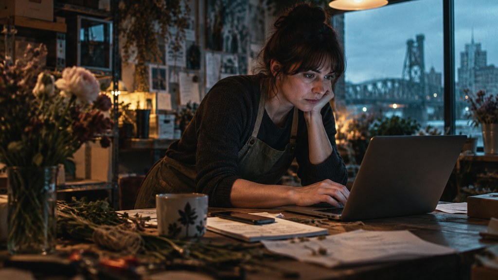 A small-business owner in an apron leaning over a laptop on a cluttered back-office desk late in the day, photographed in Portland