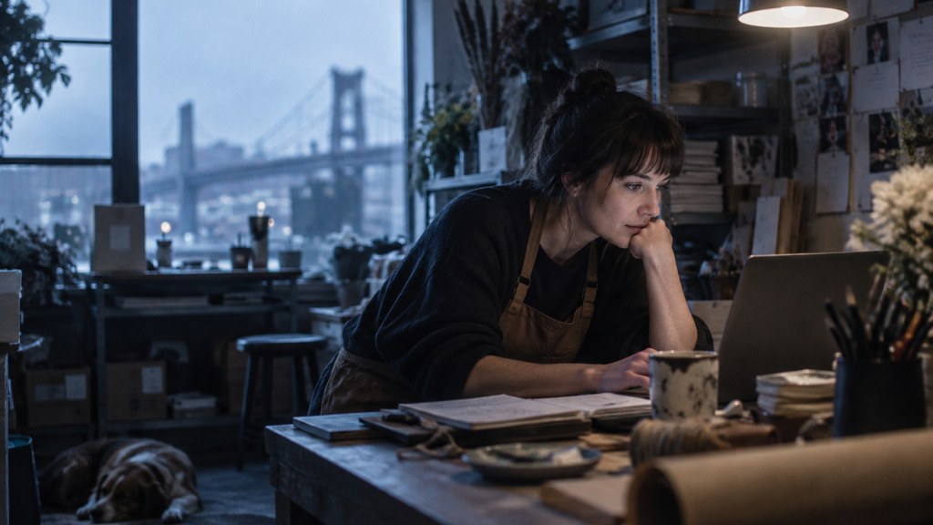 A small-business owner in an apron leaning over a laptop on a cluttered back-office desk late in the day, photographed in Portland