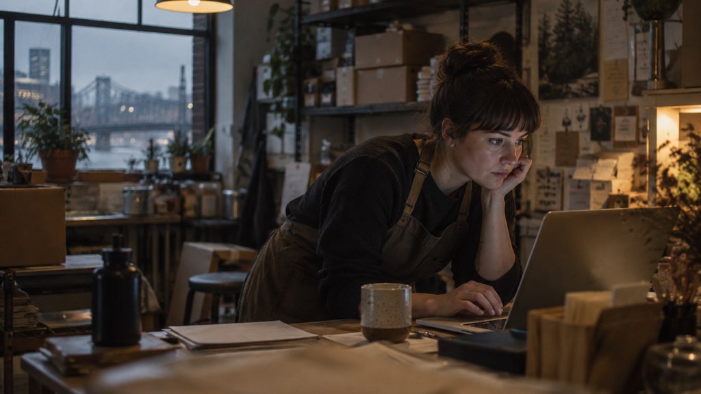 A small-business owner in an apron leaning over a laptop on a cluttered back-office desk late in the day, photographed in Portland