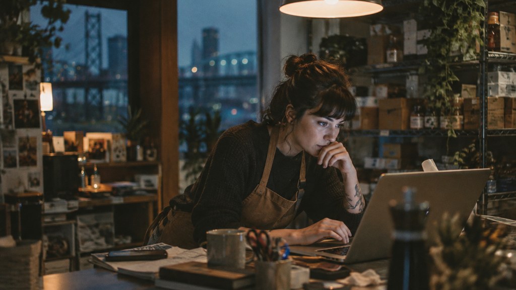 A small-business owner in an apron leaning over a laptop on a cluttered back-office desk late in the day, photographed in Portland