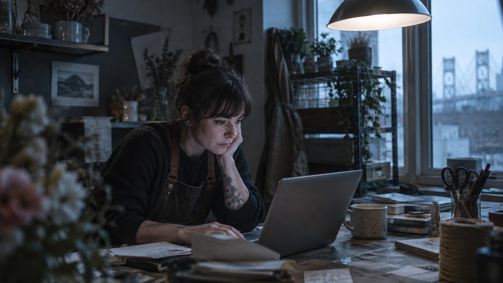 A small-business owner in an apron leaning over a laptop on a cluttered back-office desk late in the day, photographed in Portland