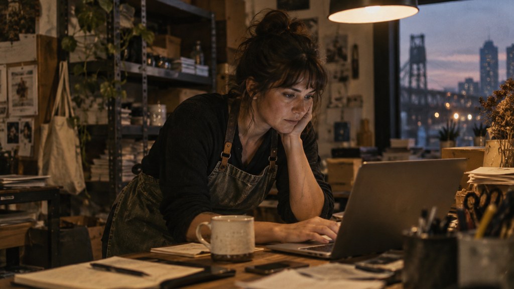 A small-business owner in an apron leaning over a laptop on a cluttered back-office desk late in the day, photographed in Portland
