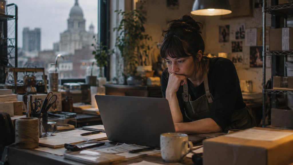 A small-business owner in an apron leaning over a laptop on a cluttered back-office desk late in the day, photographed in Providence