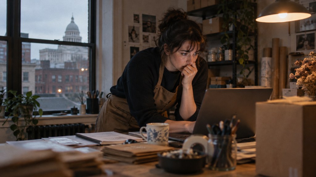 A small-business owner in an apron leaning over a laptop on a cluttered back-office desk late in the day, photographed in Providence