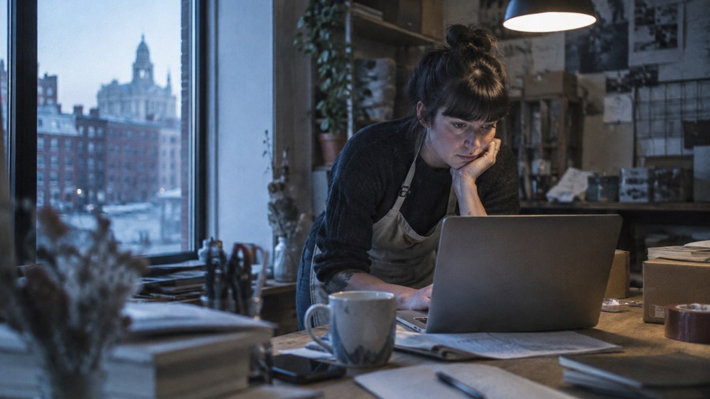A small-business owner in an apron leaning over a laptop on a cluttered back-office desk late in the day, photographed in Providence