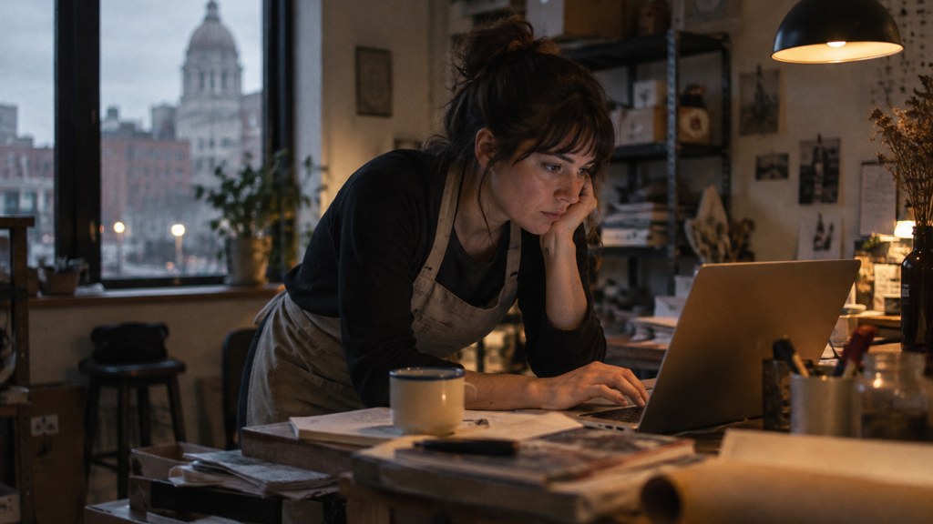 A small-business owner in an apron leaning over a laptop on a cluttered back-office desk late in the day, photographed in Providence