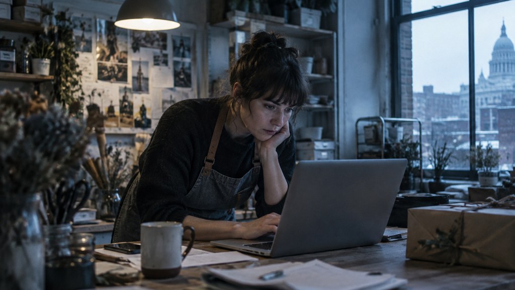 A small-business owner in an apron leaning over a laptop on a cluttered back-office desk late in the day, photographed in Providence